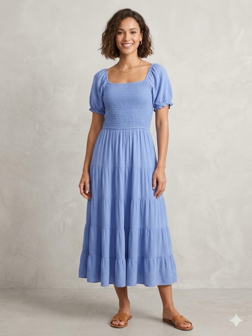 Square-Neck Smocked Midi Dress in Periwinkle Blue